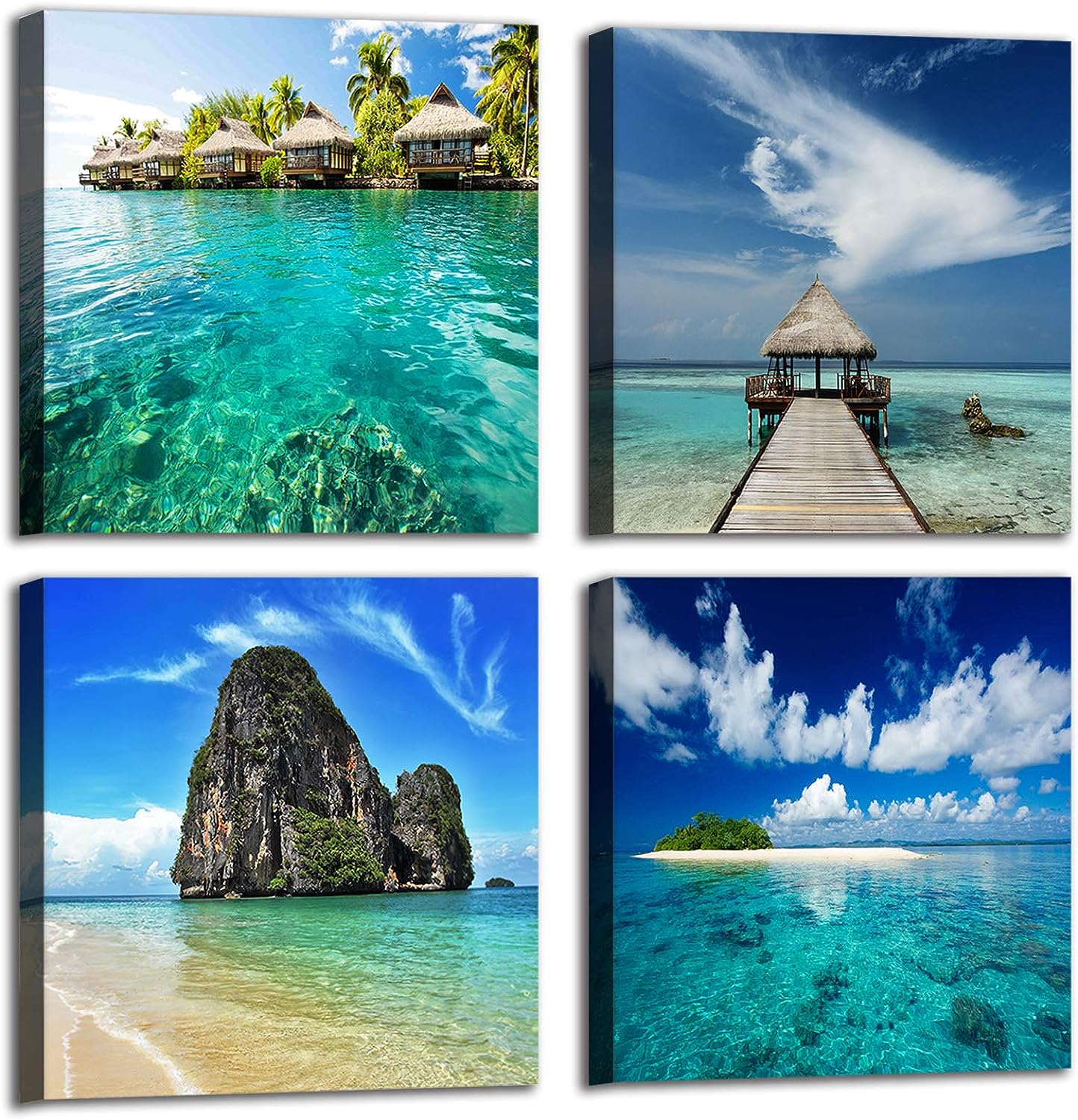Blue Teal Natural Seaside Landscape Wall Art Pictures, 4 Panels Beach Dreamed Place Coastal Wall Decor, Island Seascape Canvas Prints for Living Room Kitchen Bathroom, Size 12'' x 12'' x 4 12 in x 12 in x 4