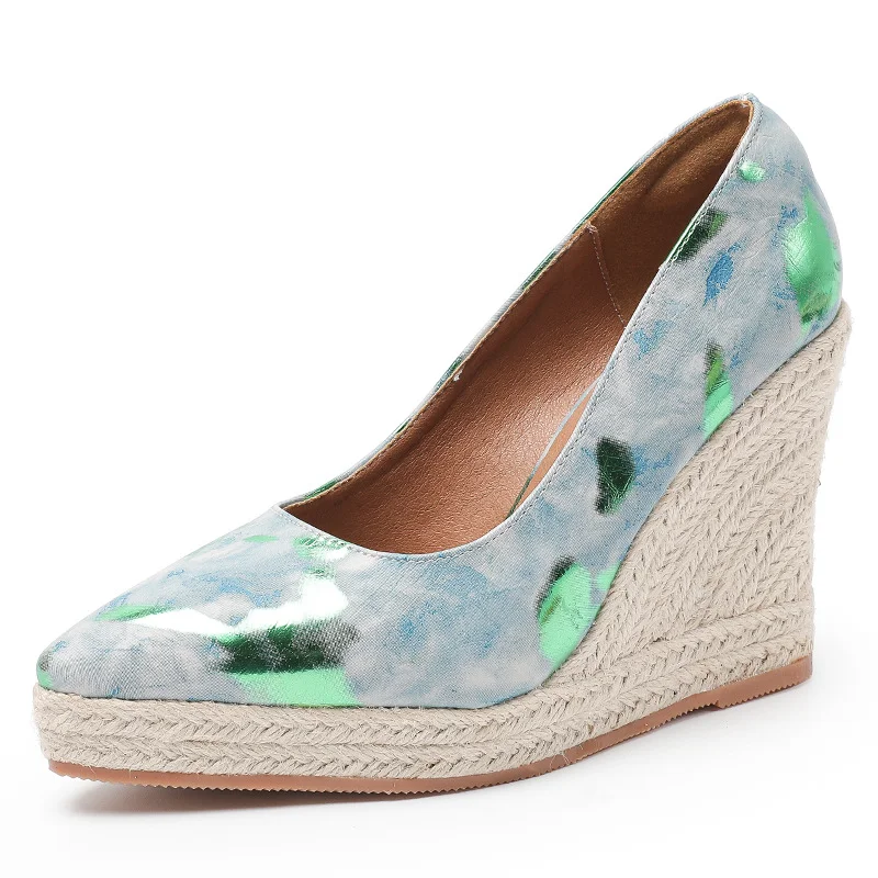 Wongn Wongn And Autumn New Slope Heel Thick Bottom Tip Shallow Mouth High Heel Women's Single Shoes Color Thick Heel Grass Hemp Rope Bottom Large Size