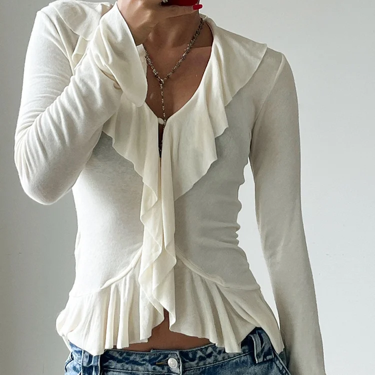 Casual Knitted Ruffle V Neck Long Sleeve Blouse