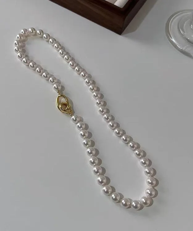 Women White Sterling Silver Overgild Pearl Beading Gratuated Bead Necklace