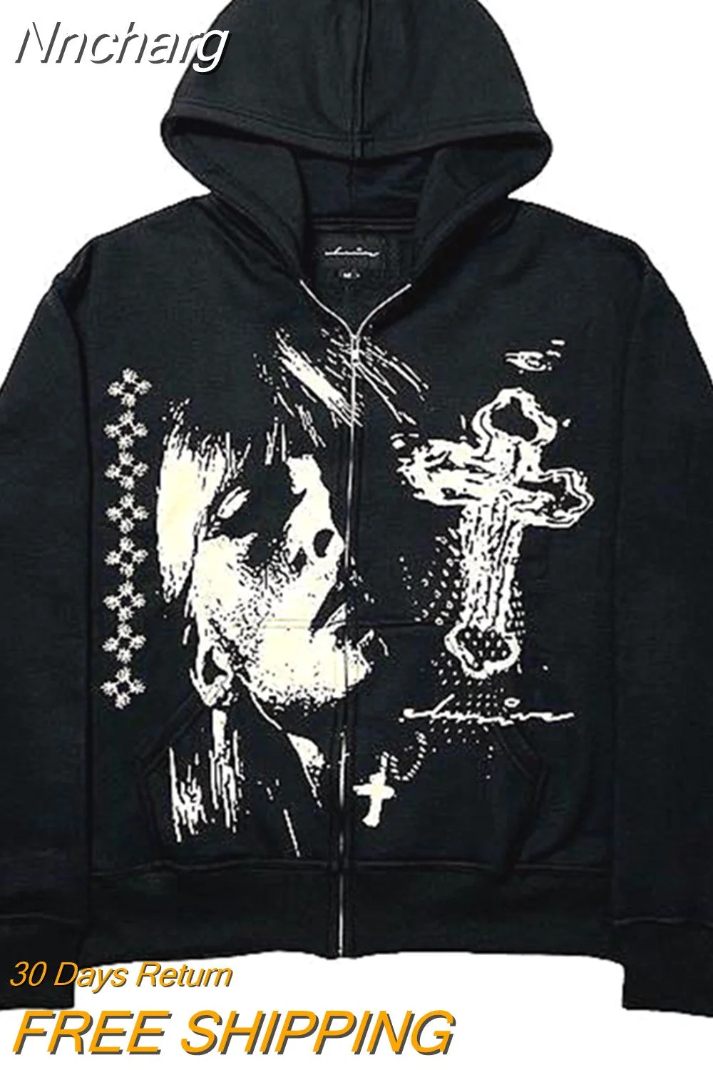 Nncharge American cross head print hoodie men black loose zipper street Harajuku oversized sweatshirt Y2K punk Japanese couple jacket