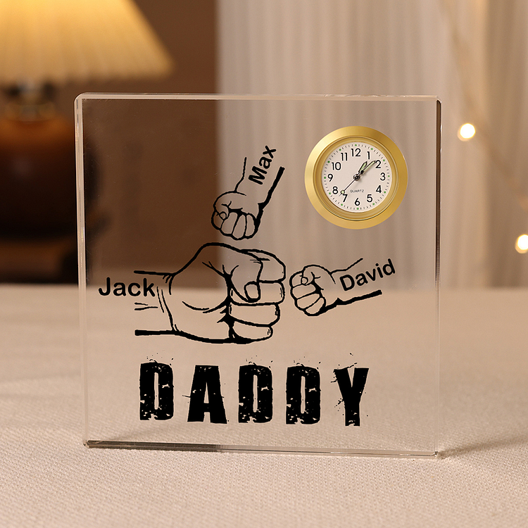 3 Names - Personalized Customized Name and Text Fist Bump Pattern Acrylic Rectangular Clock Ornament Father's Day Gift for Dad