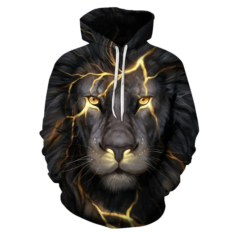 Mens Hoodies with Cap 3D Digital Lion Print Long Full Sleeves Casual Hip Hop Counple Women Clothes Front Pocket Spring Autumn