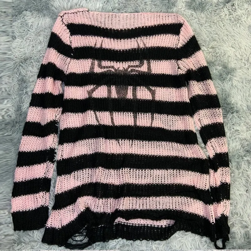 Plus Size Punk Gothic Long Unisex Sweater Dress Women Man Striped Cool Hollow Out Hole Broken Jumper Loose Rock Thin Sweter 2021