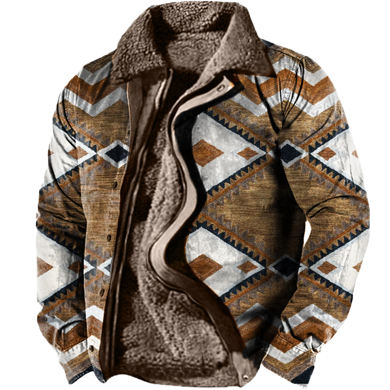 Men's Retro Ethnic Pattern Long Sleeve Fleece Jacket