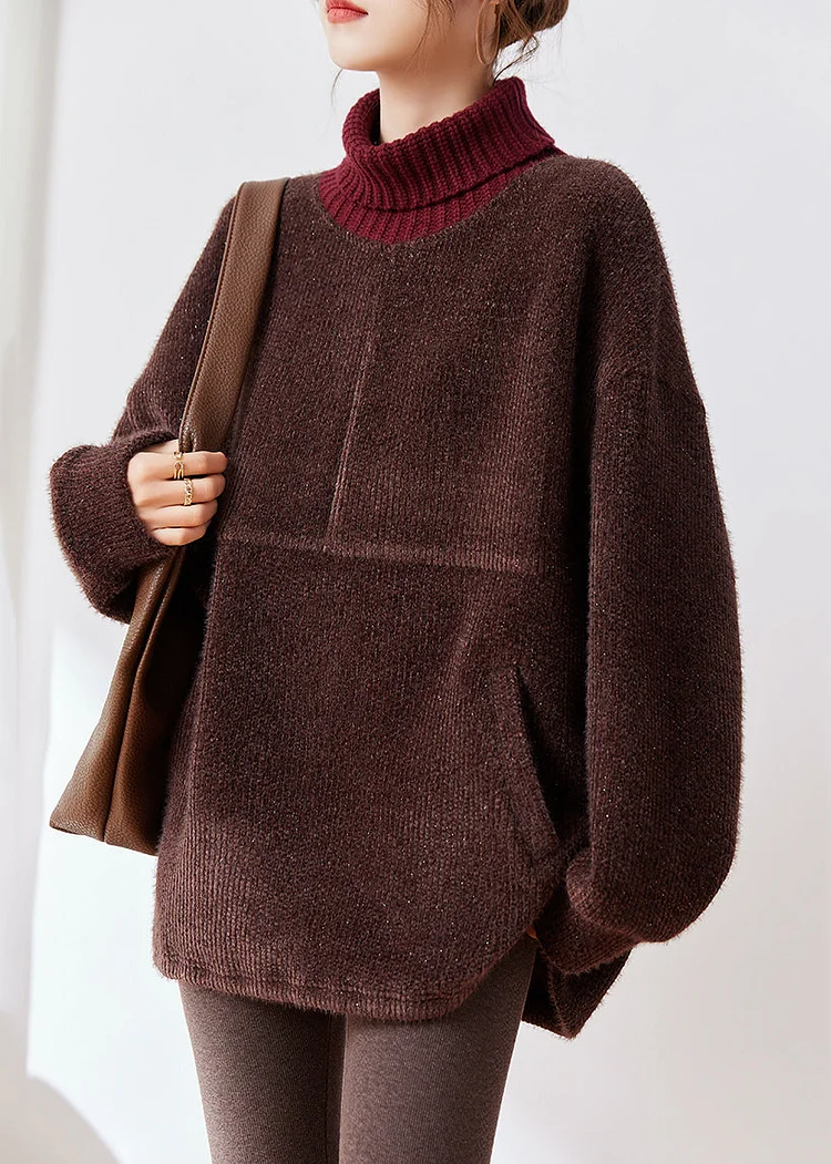 Loose Coffee Turtleneck Pockets Thick Cotton Knit Sweaters Winter