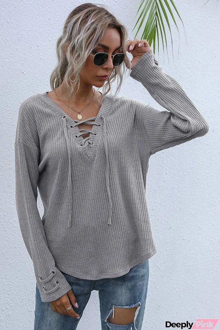 Lace-Up V-Neck Ribbed Top