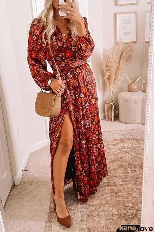 Floral Print Long Sleeve Slit Maxi Wrap Dress