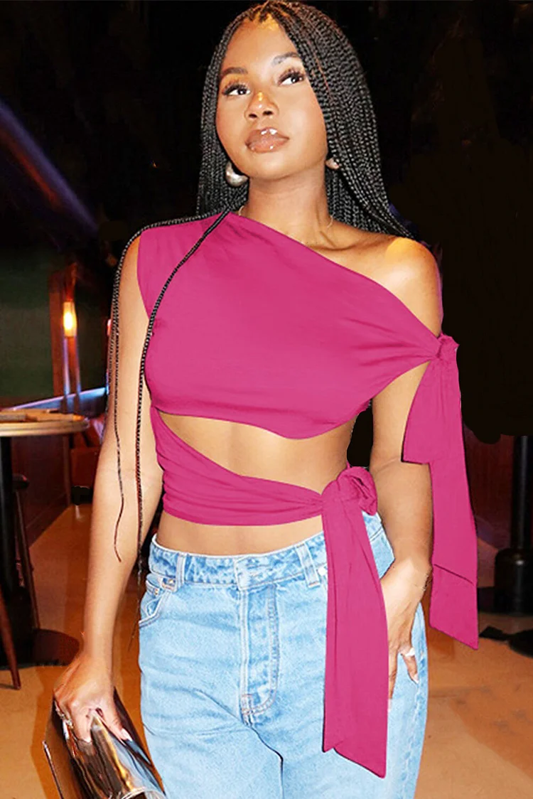 Off Shoulder Sleeveless Tie Up Cutout Solid Color Top-Fuchsia
