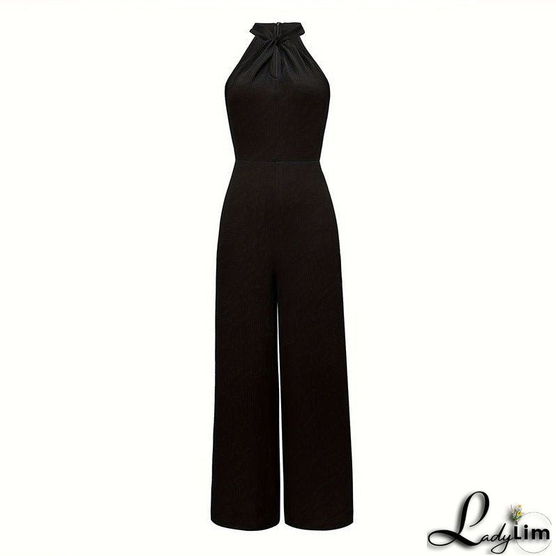 Elegant Solid Color Halter Sleeveless Long Jumpsuit - Commuter Style