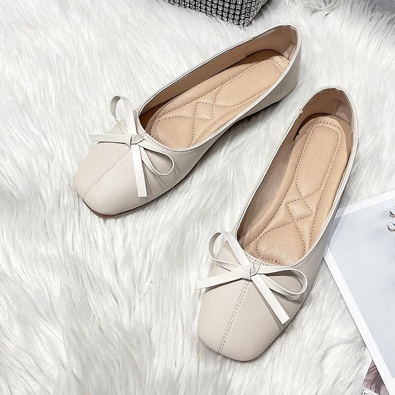Qengg New Large Size Fashion Grandma Shoes Bow Shallow Mouth Casual Soft Leather Solid Color Square Toe Beanie Flat Shoes Women