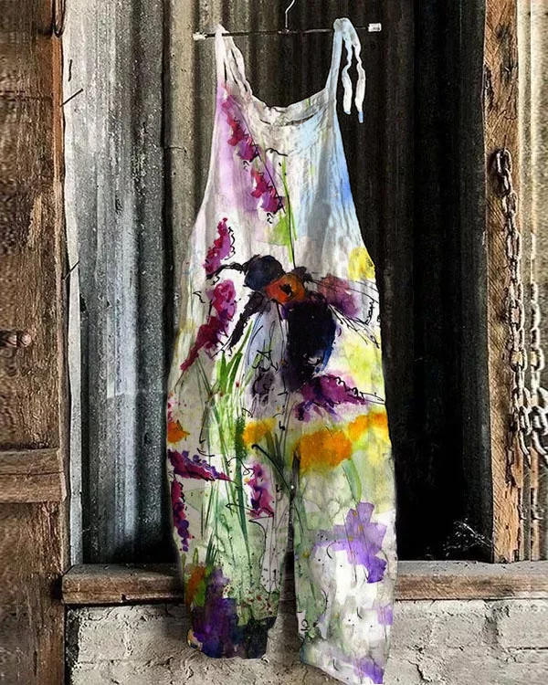 Women's Bee Flower Pattern Loose Casual Jumpsuit