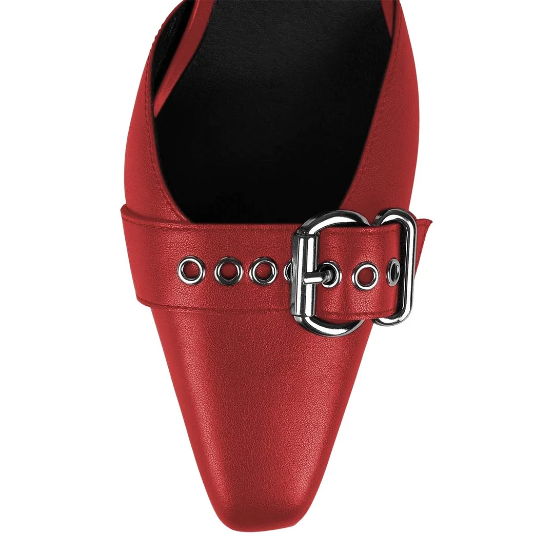 Red Vegan Leather Grommets Strap Square Toe Buckle Pumps Heels