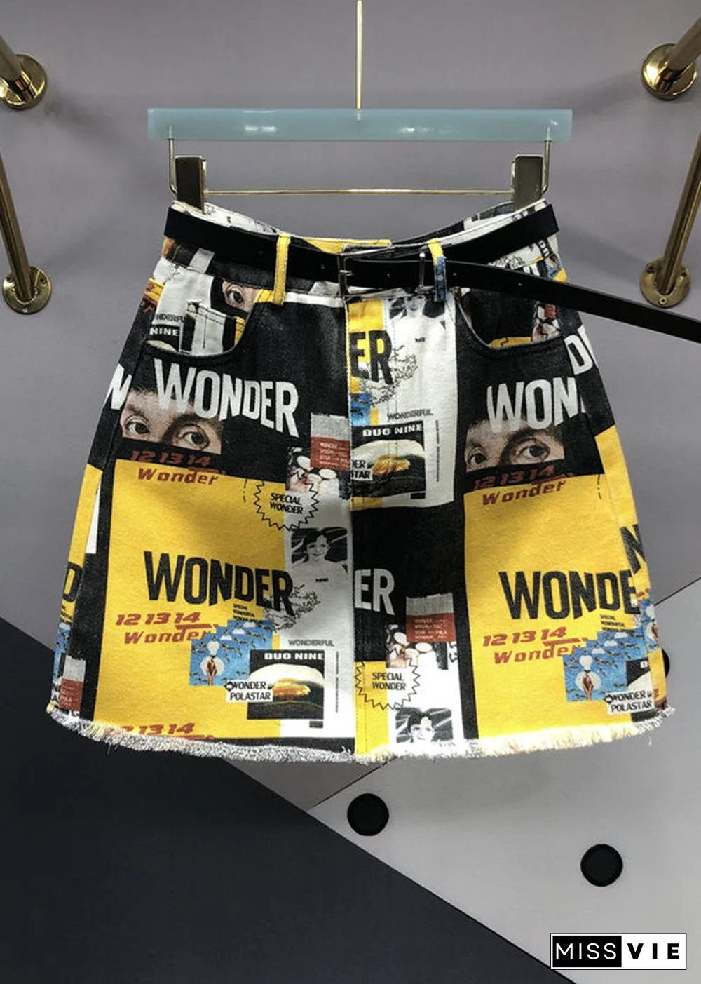 Women Yellow Street Graphic Pockets Patchwork Denim Skirt Summer