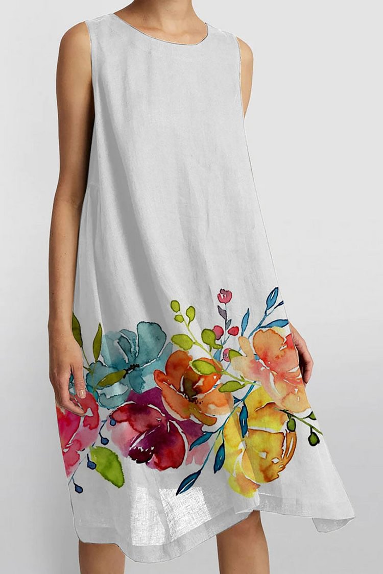 Floral Print Sleeveless Casual Linen Midi Dress [Pre Order]
