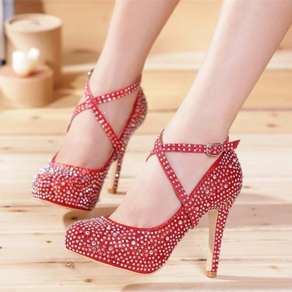 Red Evening Shoes Rhinestone Cross-over Strap Platform Pumps Vdcoo