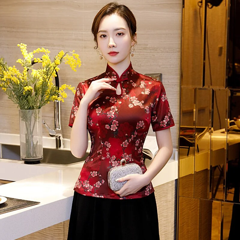 Uaang Summer Womens Shirt Tops Traditional Chinese Style Rayon Blouse Lady Mandarin Collar Qipao Mujer Camisa Size S M L XL XXL