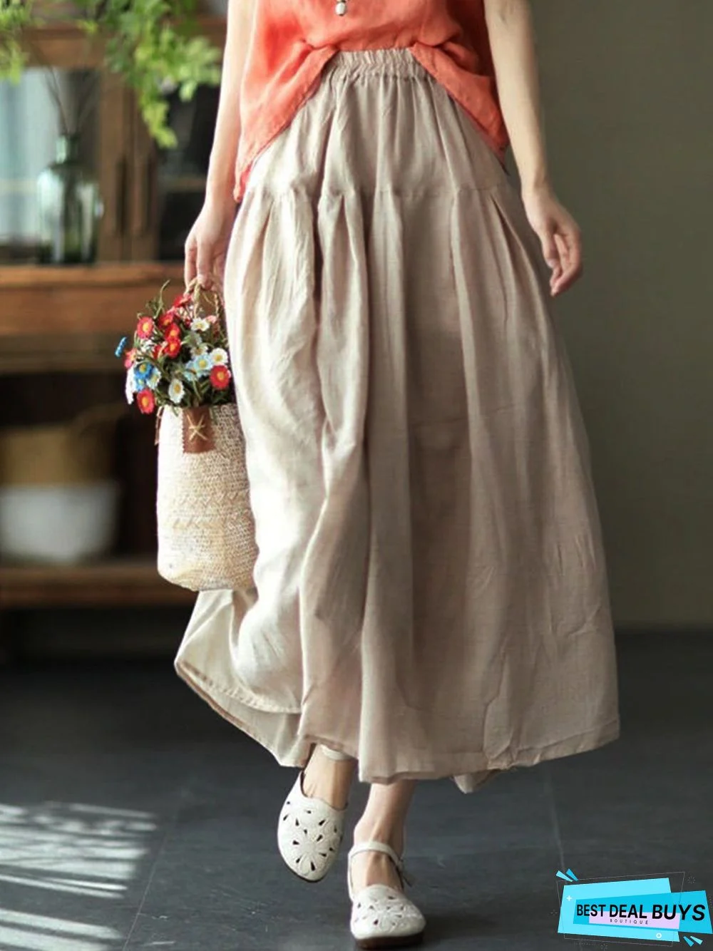 Vintage Solid Casual Linen Skirt