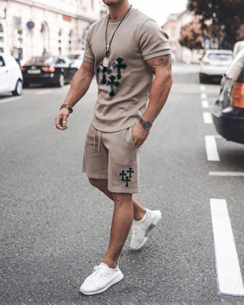 Short-sleeved Shorts Two-piece Sports Casual Men's Printed Suit Multicolor