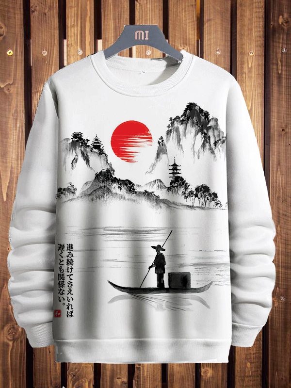 Men's Japanese Sunset Fisherman Landscape Painting Print Casual Sweatshirt