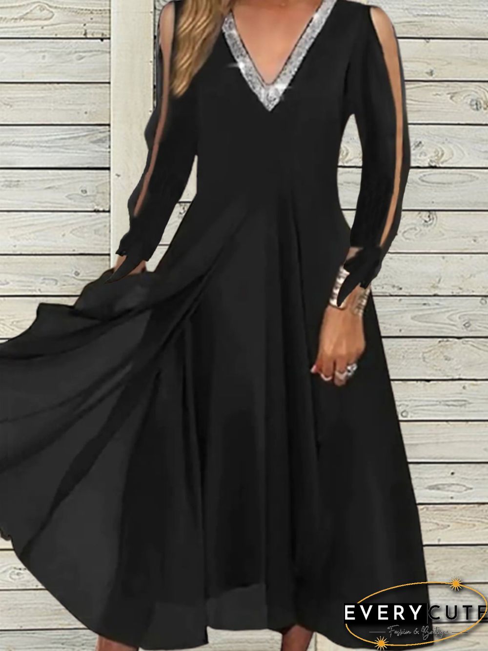 Casual Long Sleeve V Neck Midi Dress