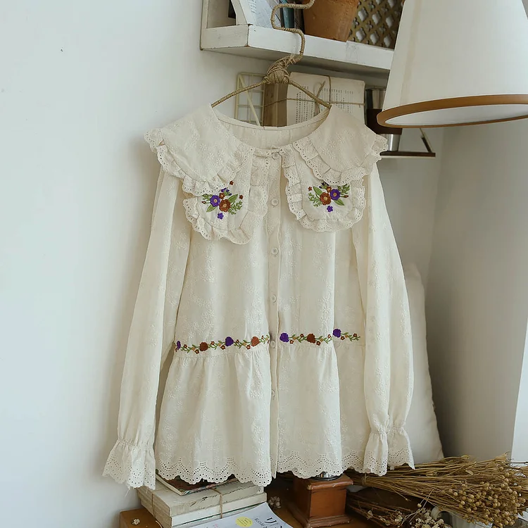 Queenfunky cottagecore style Vintage Pure Cotton Lace Embroidered Shirt QueenFunky