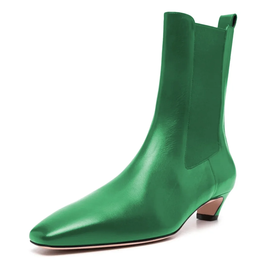 Metallic Green Pointed Toe Kitten Heel Slip On Chelsea Boots