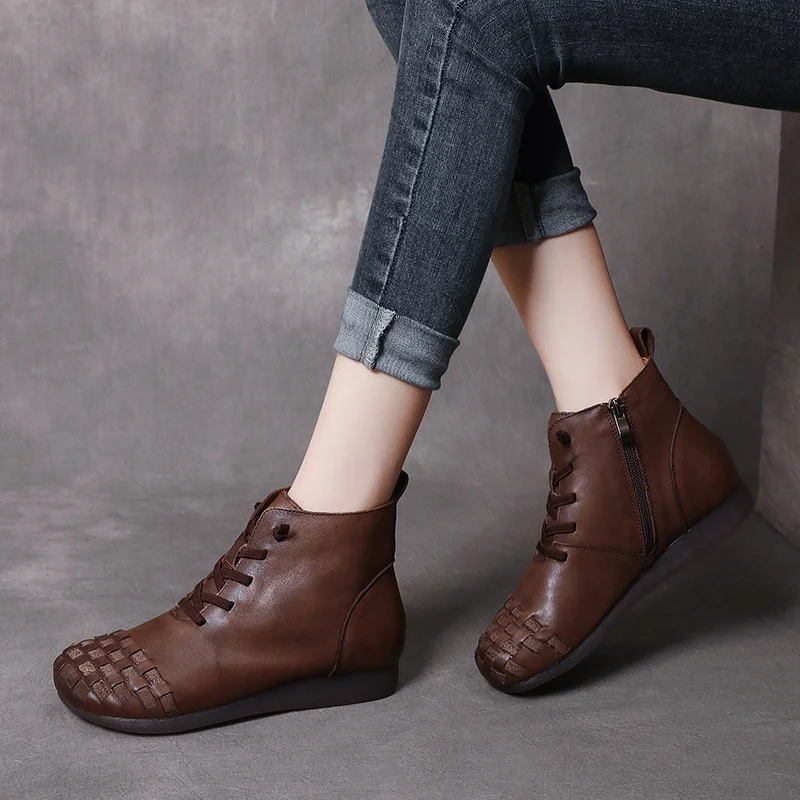 Yyvonne Time 138] National Wind Leather Hand-Woven Flat Bottom Short Boots Cow Skin Boots Soft Bottom Women's Cotton Boots
