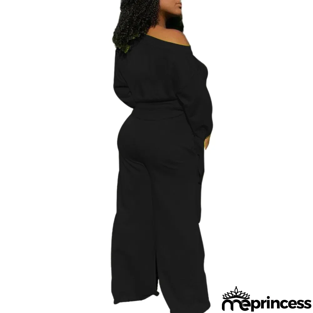 Autumn Casual Logo Print Crop Top and Loose Trousers Set