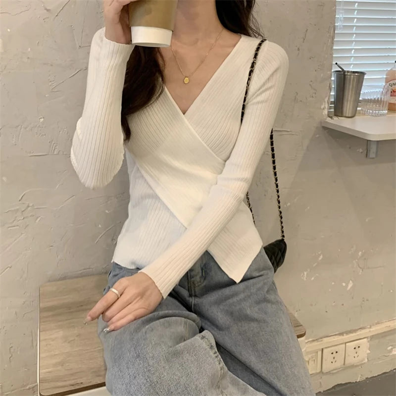 Autumn Winter Knitwear Tops Fashion Female Long Sleeve Skinny Elastic Casual V-neck Knitted Shirts Women Pullover Sweaters Aiertu