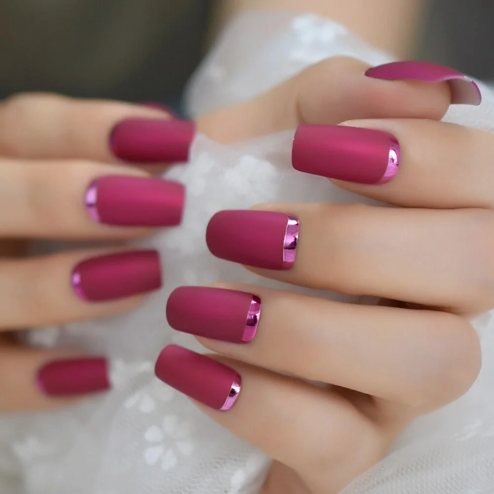 Cocktail Purple Color Glossy Edge Charms Sexy Red Square Flase Nails Tips Medium-Long Full Cover Nails Supplies For Professional
