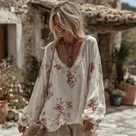 Women's Retro Roses Print V-neck Linen Blend T-shirt - Image 2