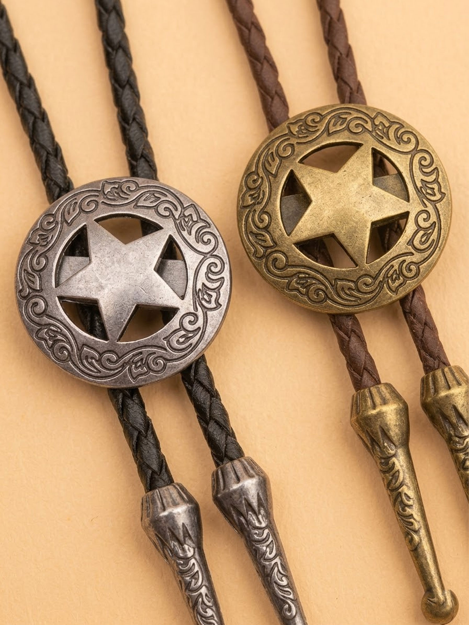 Vintage Western Texas Star Bolo Tie for Men Women Retro Bronze Engraved Leather Necktie Rodeo Accessory