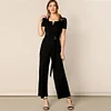 SHEIN Black Elegant Rib-Knit Square Neck Belted Palazzo Leg Solid Jumpsuit Women Spring Workwear Office Lady Wide Leg Jumpsuits