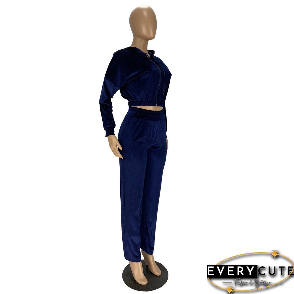 Navy Blue Korea Velvet Zipper Top with Pant Set