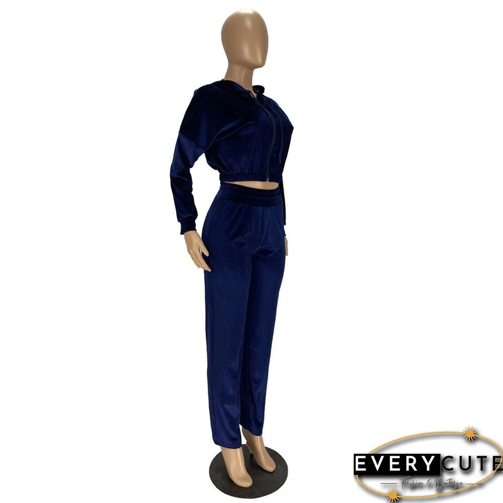 Navy Blue Korea Velvet Zipper Top with Pant Set