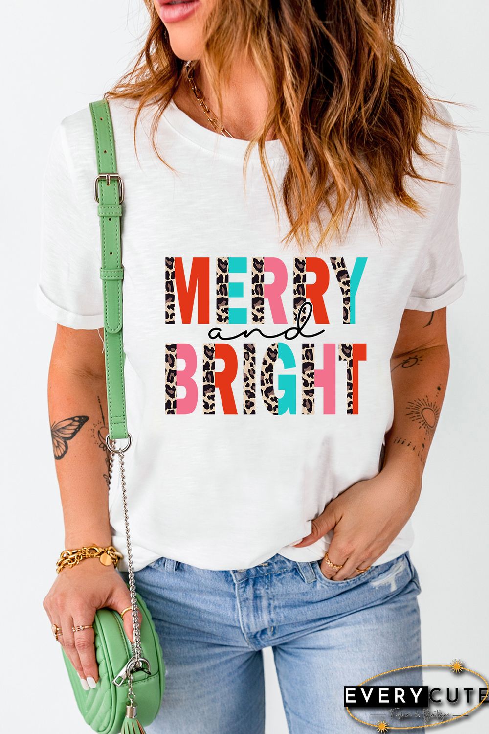 White Merry and Bright Leopard Print Short Sleeve Graphic Tee