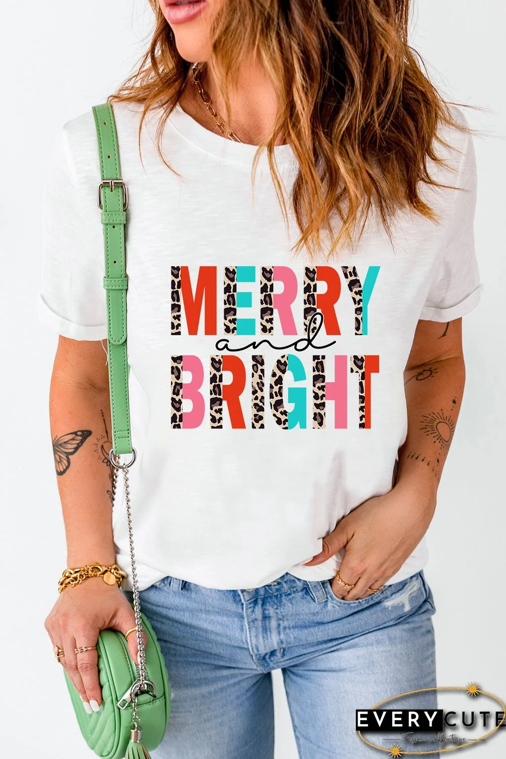 White Merry and Bright Leopard Print Short Sleeve Graphic Tee