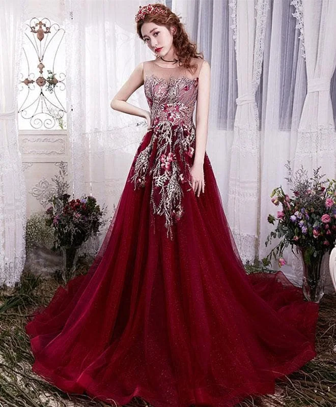 Burgundy Lace Tulle Long Prom Dress