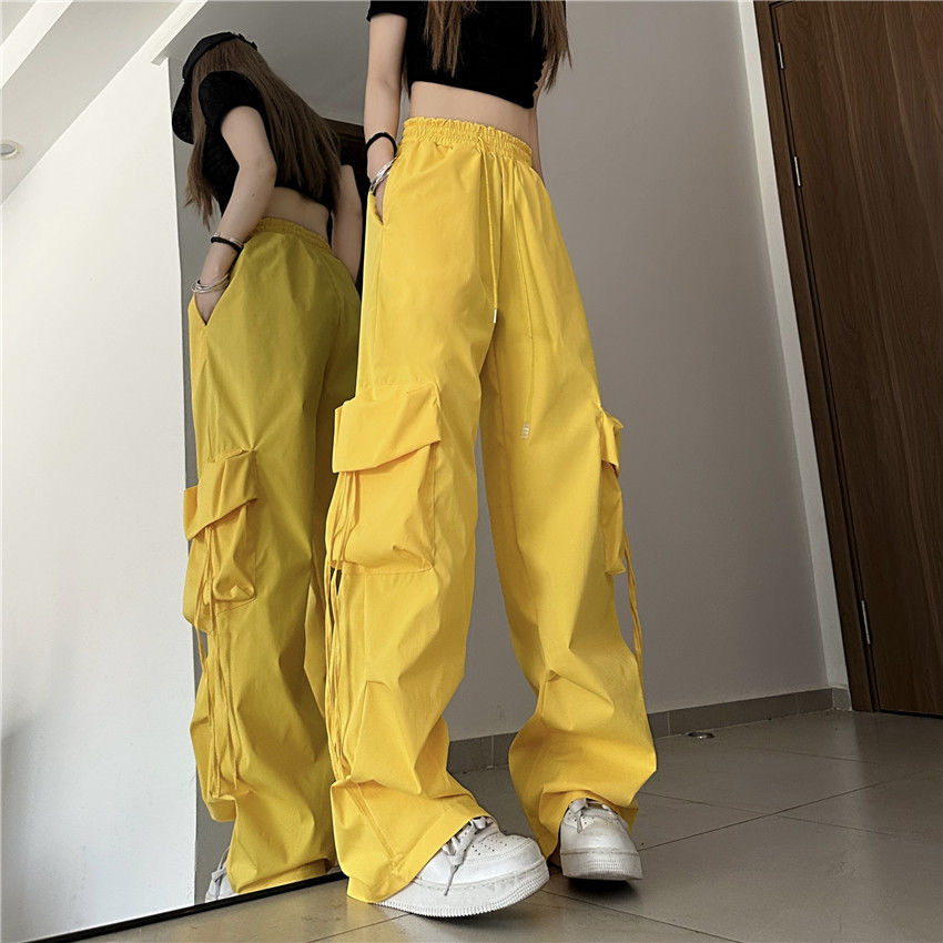Harajuku Solid Pockets Wide Leg Hip Hop Tech Joggers Pants Y2K Women Cargo Pants