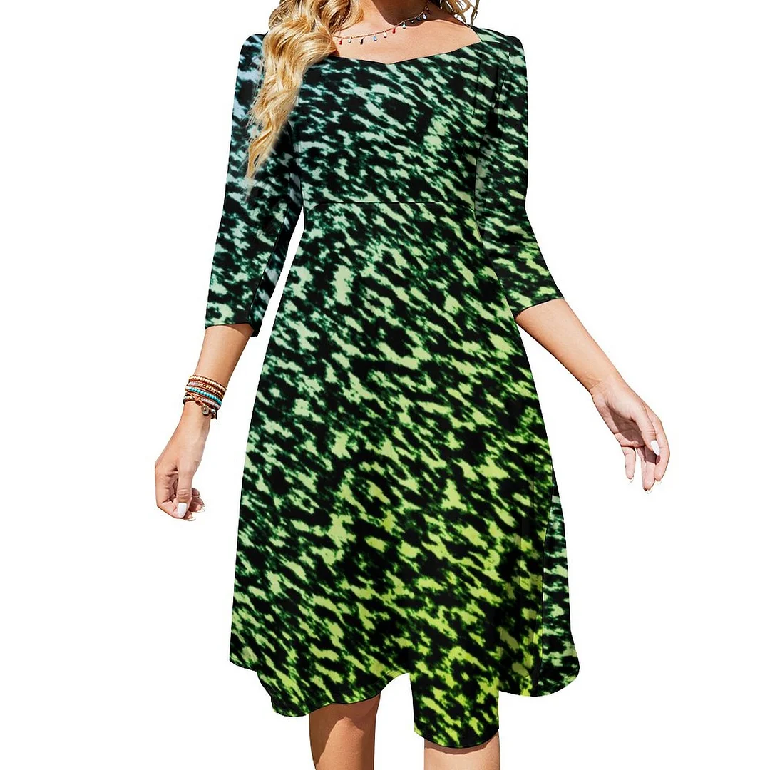 Modern Chic Black Green Animal Print Dress Sweetheart Tie Back Flared 3/4 Sleeve Midi Dresses