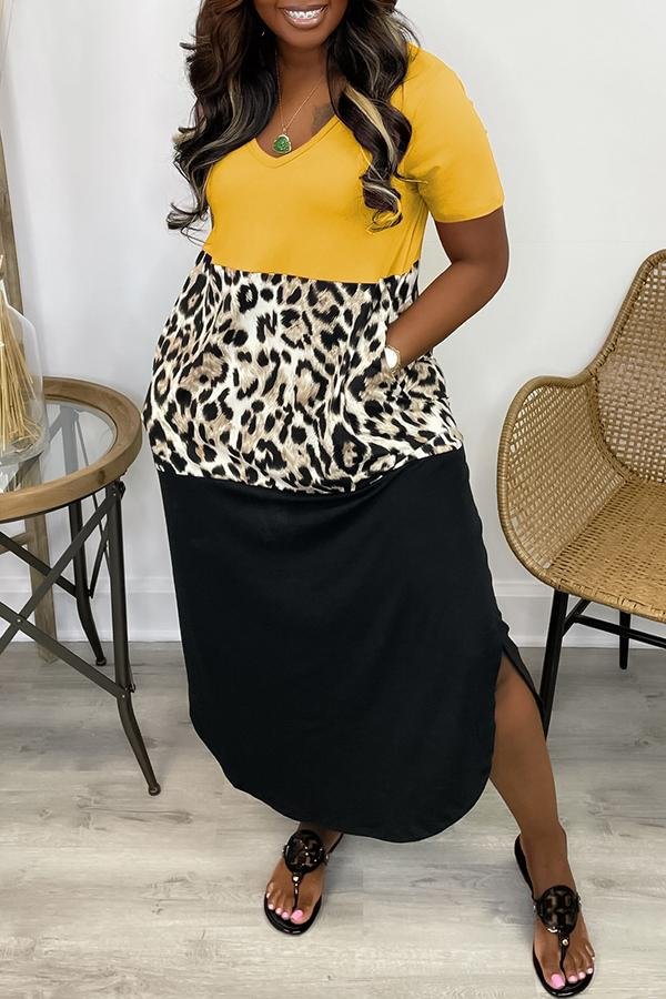 Leopard Colorblock Pocket Slit Dress