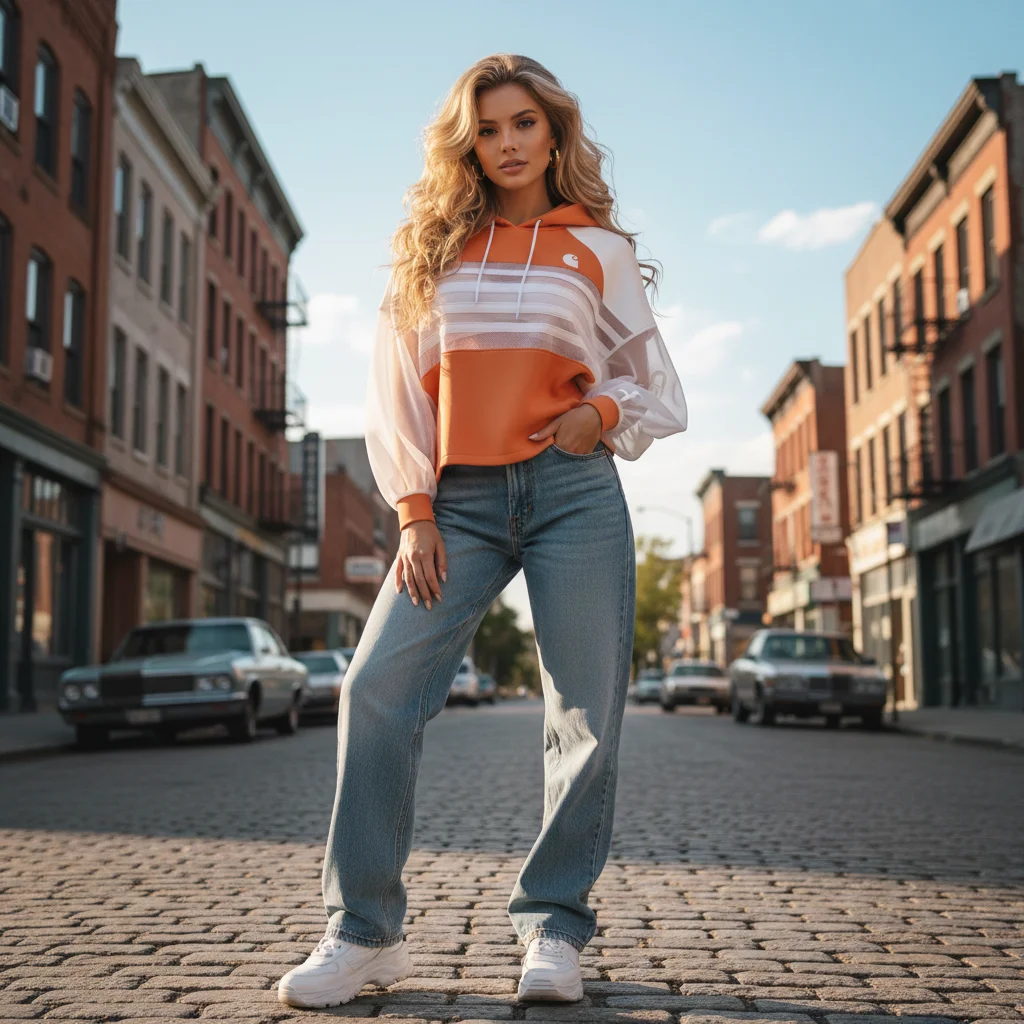 Women's Hoodie Orange White Color Block Mesh Patchwork Cropped Sweatshirt