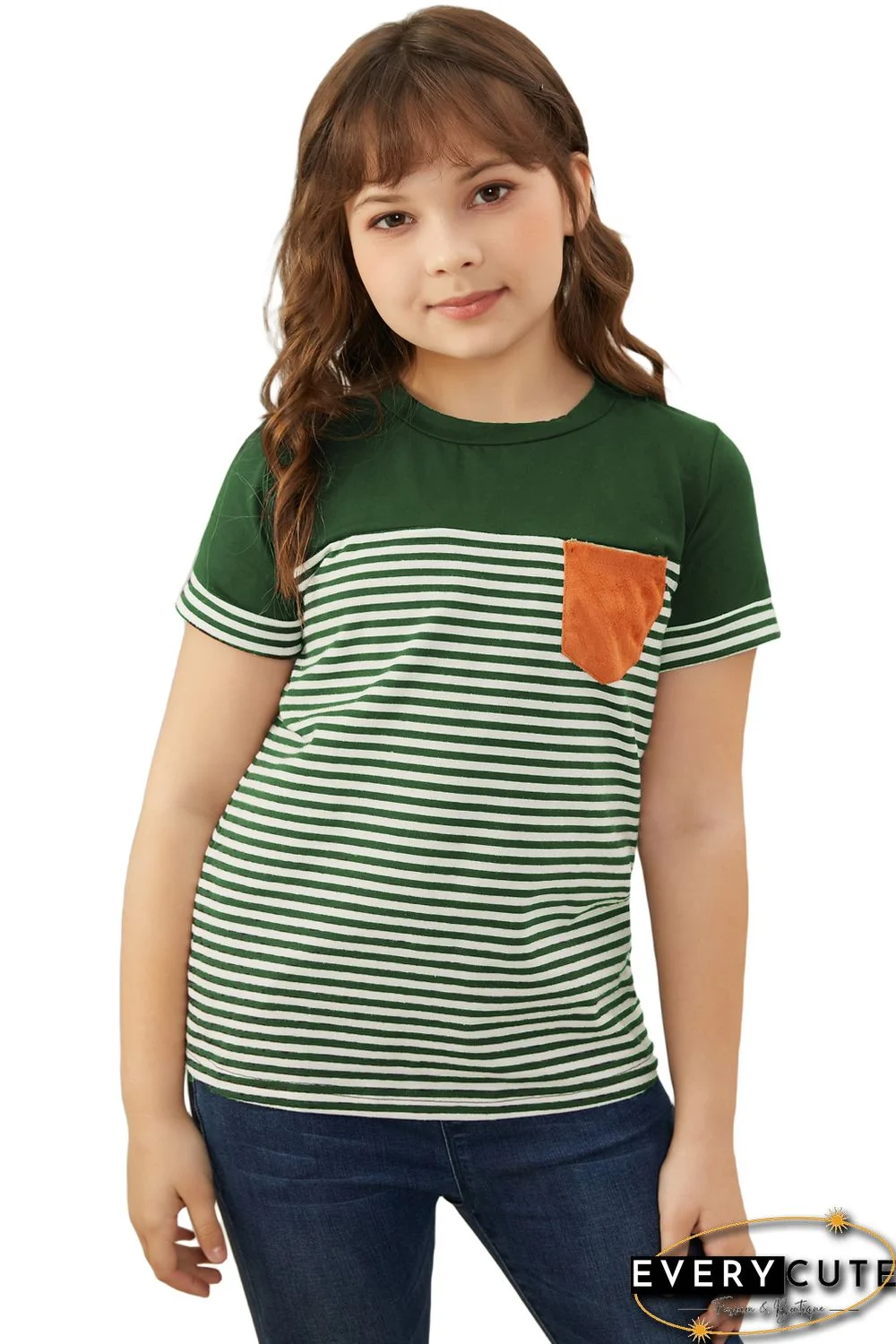 Green Toddler Striped Pocket Patched Tee