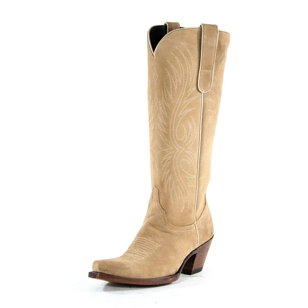 Khaki Snip Toe Embroidered Chunky Heel Western Boots for Women