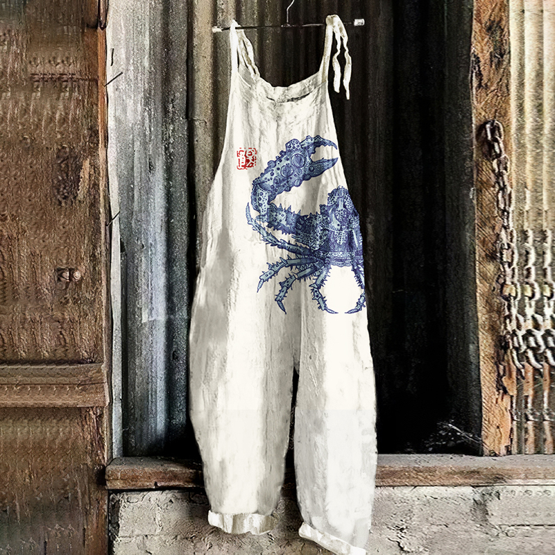 Comstylish Vintage Sea Crab Art Loose Casual Jumpsuit