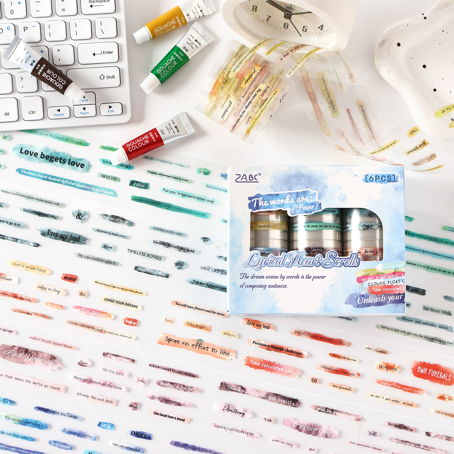 PET 테이프 - 6롤/세트 레인보우 스티커 펀 시리즈 빈티지 영어 텍스트