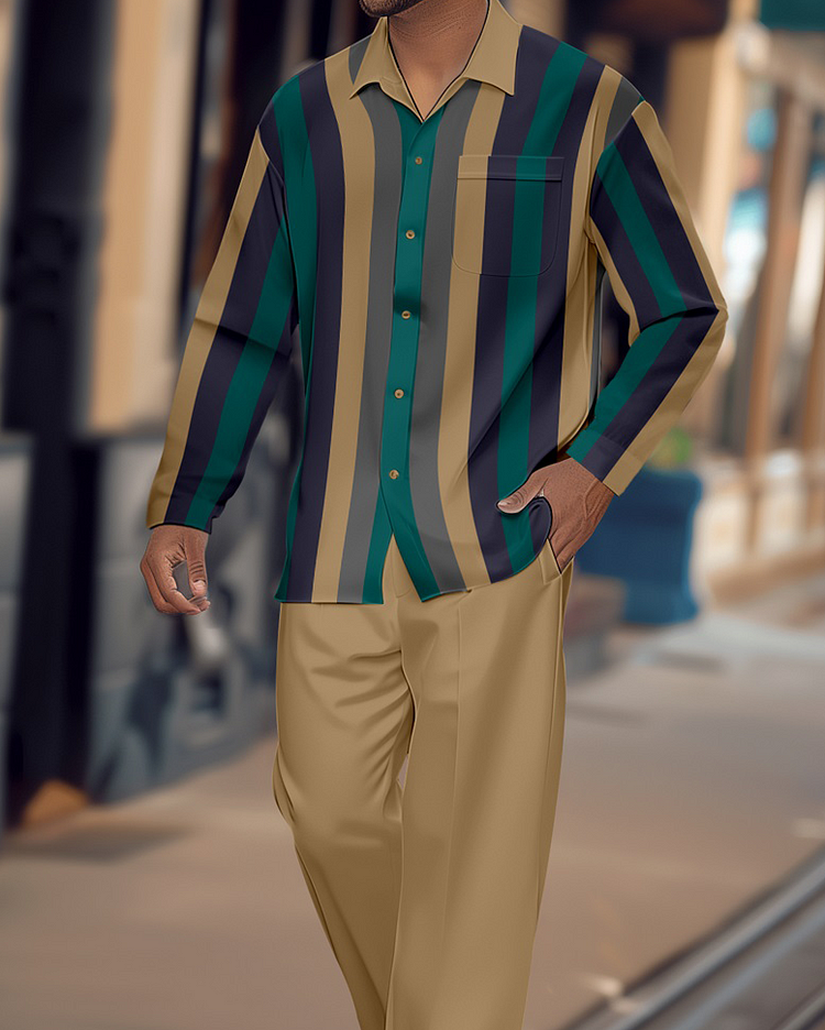 Men's Retro Printed Long Sleeve Shirt Walking Suit 1528