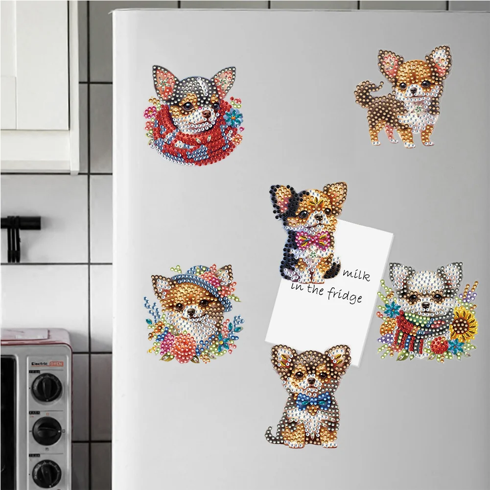 6pcs DIY Chihuahua Puppy Special Shape Diamond Painting Fridge Magnet for Adults Kids Beginners