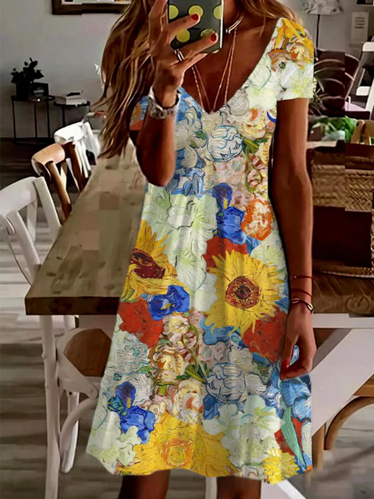 Flower Collage Art Print Short Sleeve Mini Dress